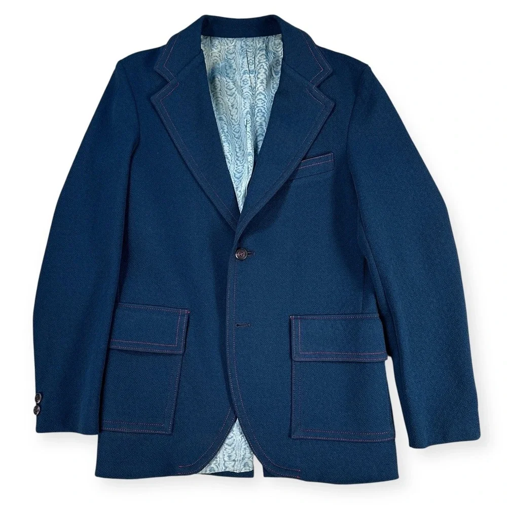 Vintage Tony Kent Mens Navy Blue Blazer‎ Red Contrast Stitch Textured Jacket
